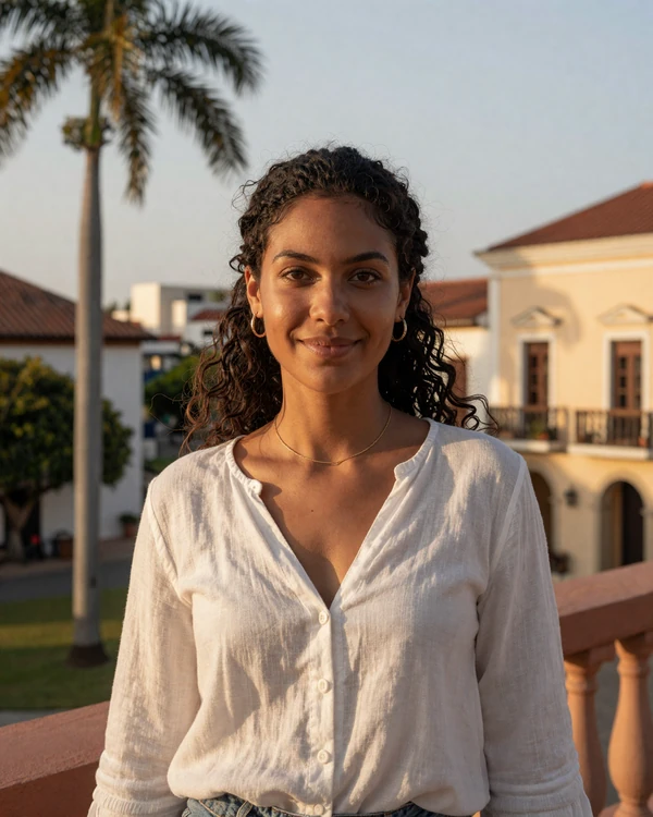 Elegant French Guianese Creole woman on a tropical terrace in Cayenne - authentic French Guiana dating culture blending European sophistication with Caribbean warmth