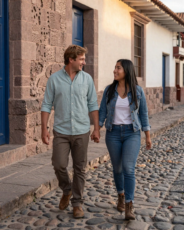 American man and Peruvian woman walking hand-in-hand through colonial Cusco streets - cross-cultural dating in Peru
