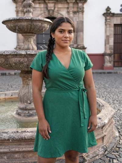 Rosa, 30, Guatemalan single from Antigua standing by a colonial fountain on cobblestones
