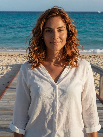 Rosa, 28, verified Dominican single from Punta Cana with serene smile near turquoise ocean