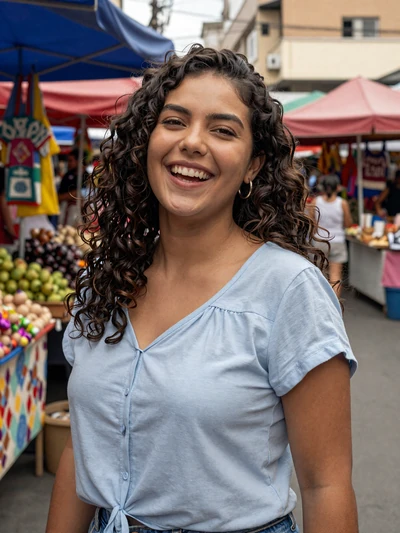 Bianca, 24, Brazilian single from São Paulo laughing at a vibrant street market