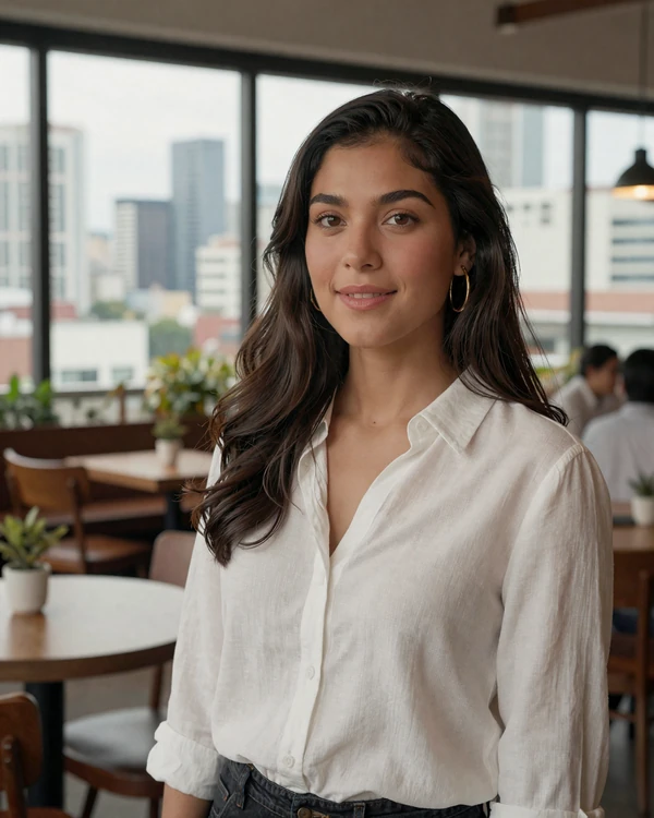 Elegant Panamanian woman at a modern Panama City café - cosmopolitan Panamanian dating culture with skyline views