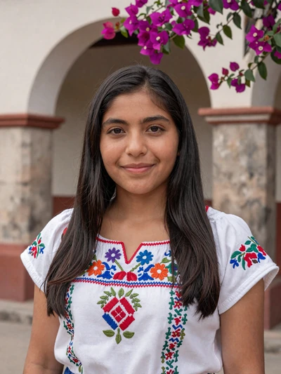 María José, 26, Guatemalan single from Guatemala City wearing traditional embroidered blouse near colonial archway