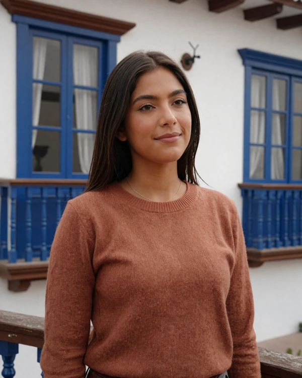 Attractive Ecuadorian woman in casual attire on a colonial balcony in Quito's historic center - authentic Ecuadorian dating culture and Andean beauty
