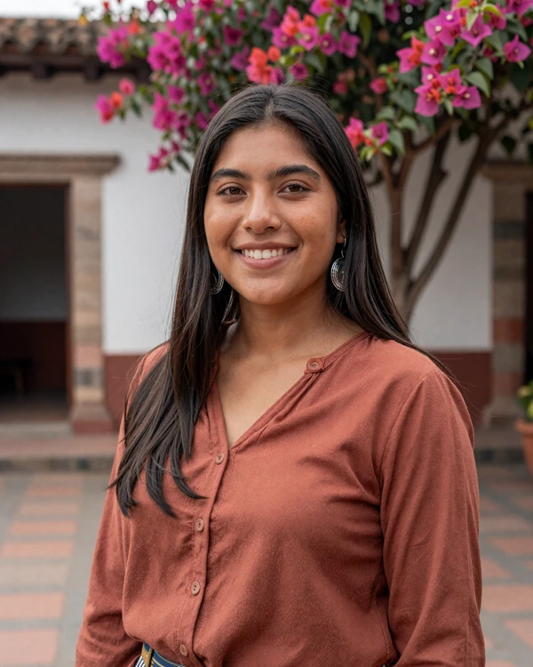 Beautiful Peruvian woman with warm smile in a colonial courtyard - authentic Peruvian dating culture and traditional warmth