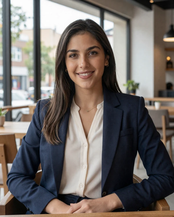 Elegant Chilean woman enjoying coffee at a modern Santiago café - sophisticated Chilean dating culture and European-inspired fashion