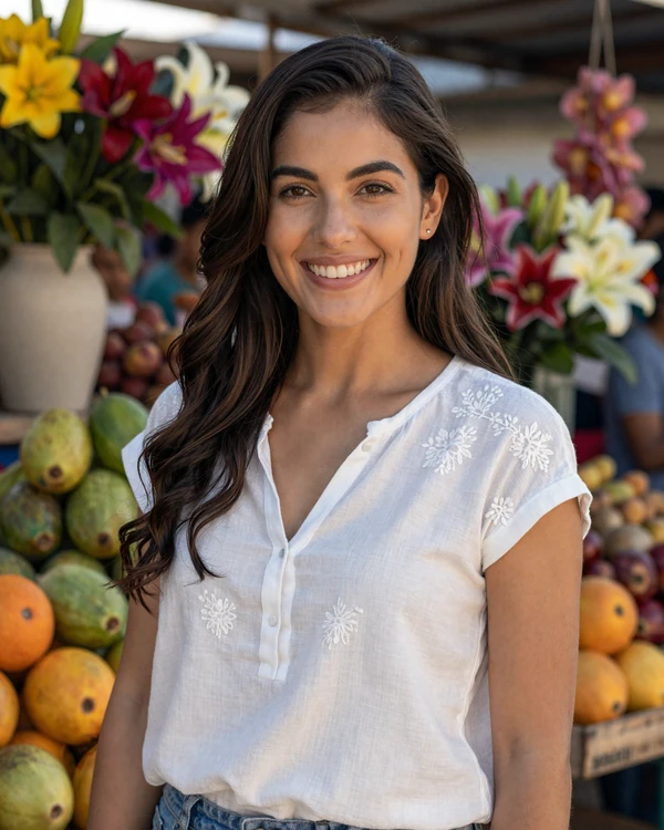 Beautiful Latina woman smiling warmly at a colorful Latin American market, representing latin women dating