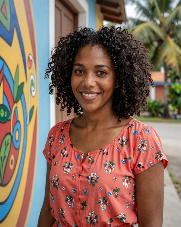 Beautiful Haitian woman in vibrant coral blouse standing near a colorful art mural in Port-au-Prince - authentic Haitian dating culture and Caribbean beauty
