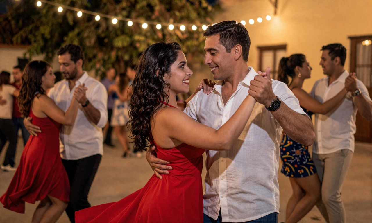 Latin American couple dancing salsa together at an outdoor evening social gathering with string lights