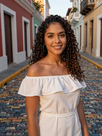 Alejandra, 29, Puerto Rican single from San Juan on a colorful cobblestone street