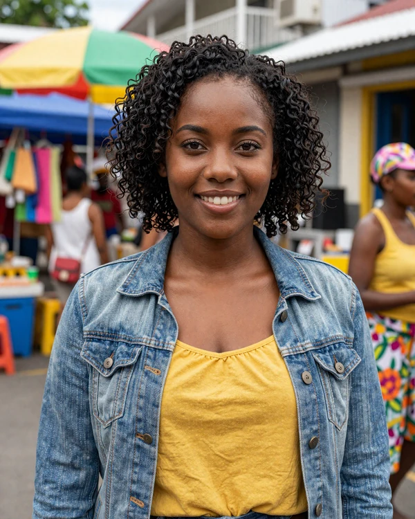 Young Jamaican woman with a warm smile at a Kingston street market - authentic Jamaican dating culture and Caribbean warmth