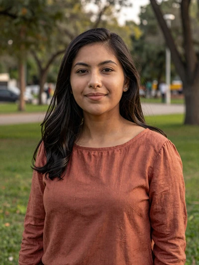 Adriana, 27, Peruvian single from Lima smiling gently in a green park