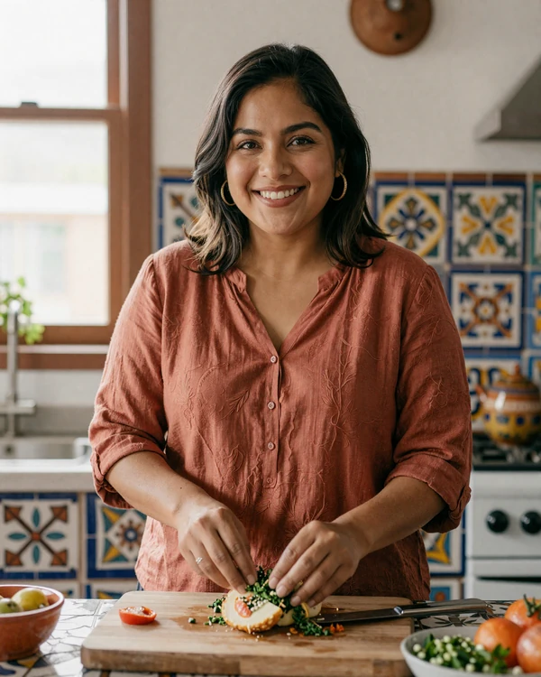Mexican woman preparing traditional food in a colorful kitchen with Talavera tiles - authentic Mexican dating culture