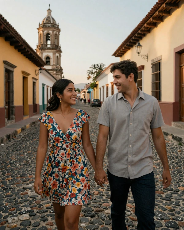 Couple enjoying a romantic walk through colonial Suchitoto El Salvador - traditional Salvadoran dating culture and courtship