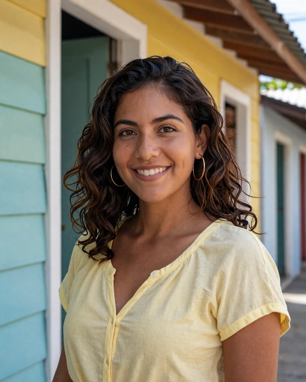 Beautiful Belizean Creole-Mestizo woman in casual tropical outfit near colorful buildings in Belize City - authentic Belizean dating culture