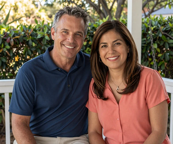 John and Maria, an American-Mexican couple of 12 years sitting together on a porch in warm afternoon light