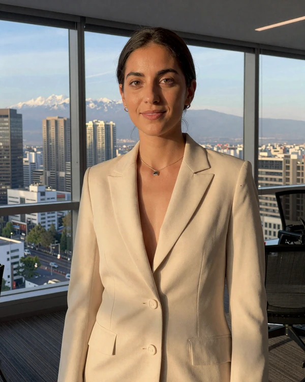 Chilean professional woman in modern Santiago office with Andes mountain view - educated Chilean women balancing career ambition with family values