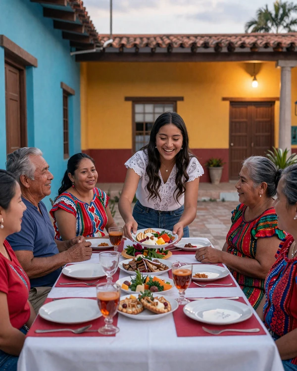 Guatemalan family gathering around outdoor dinner table - traditional family values and warm multigenerational culture in Guatemala