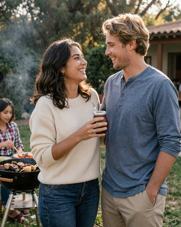 Uruguayan couple enjoying a family asado barbecue - progressive values meet deep family bonds in Uruguayan dating culture