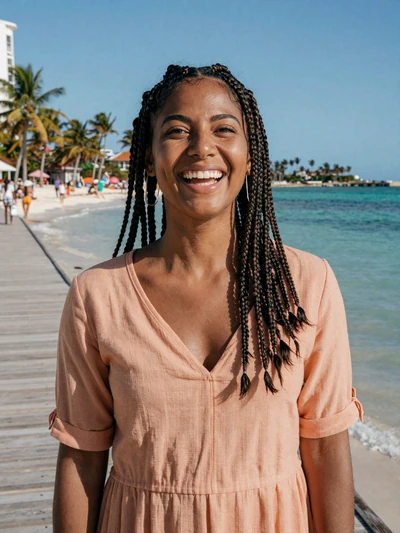 Rosa, 29, Dominican single from Santiago laughing on a Caribbean boardwalk open to dating